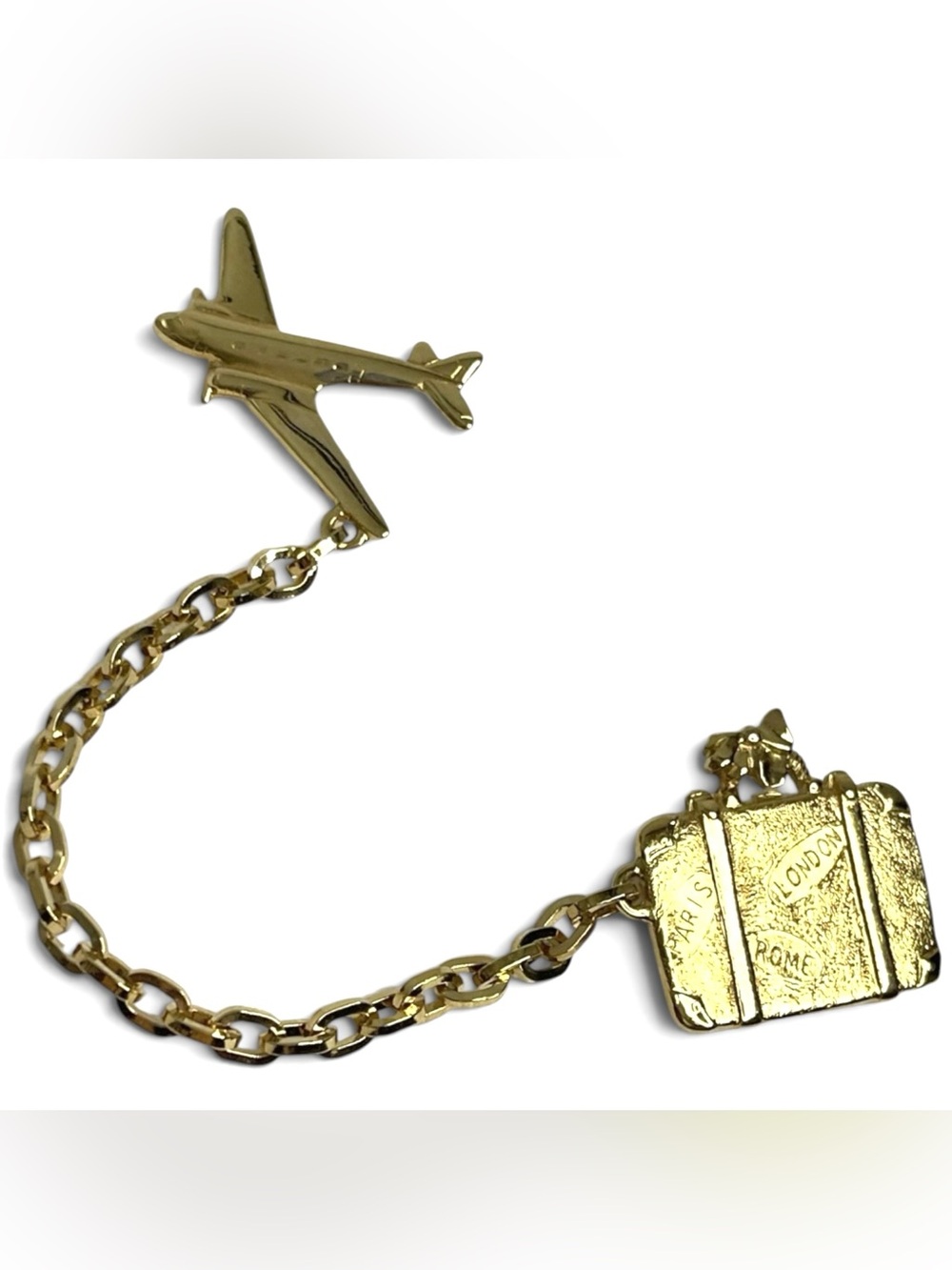 VTG Kenneth J Lane KJL Double Pin Chain Brooch Gold Travel Airplane Suitcase Jet